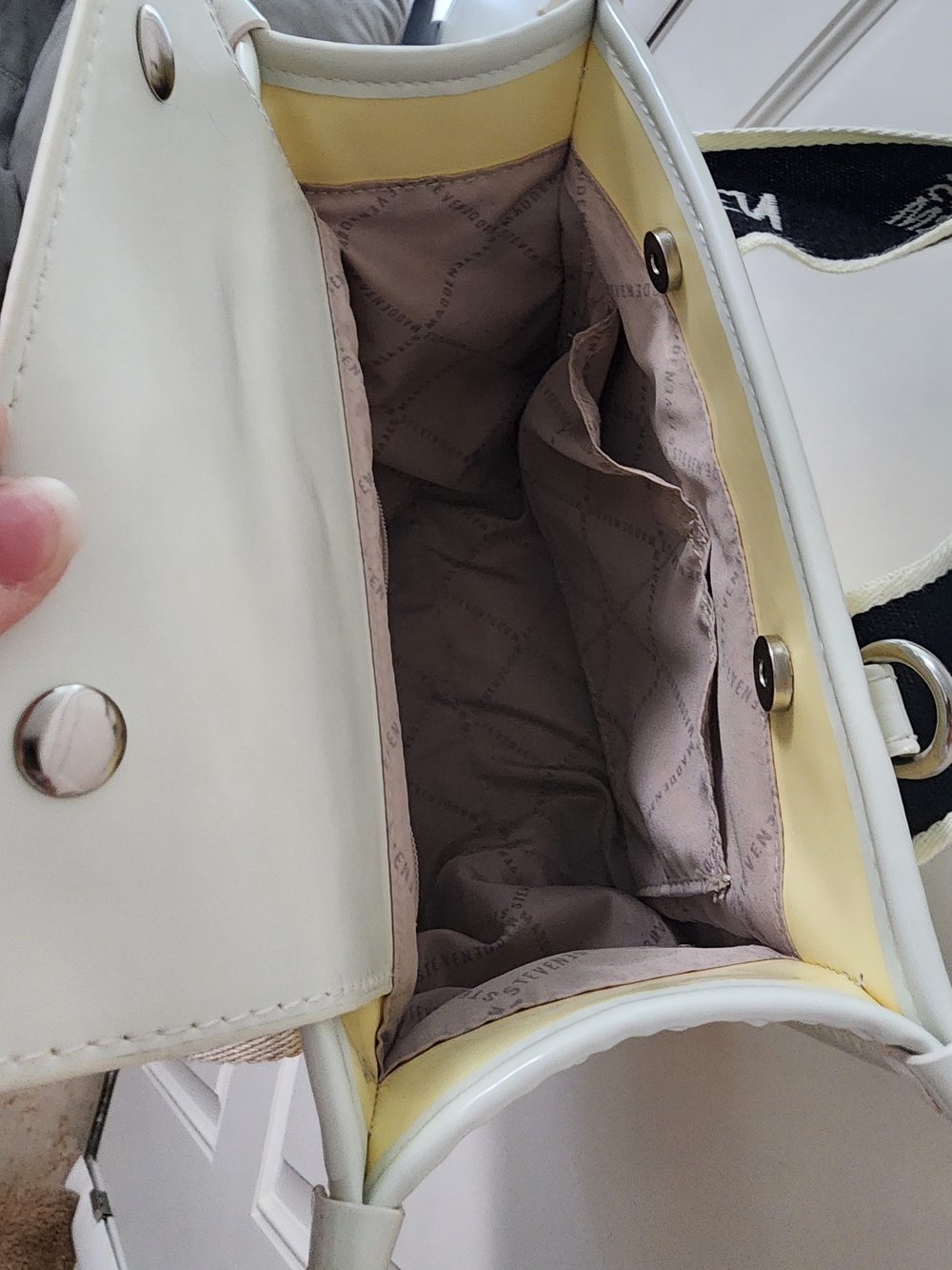 Steve Madden Mini Tote Bag Cream Structured Top Handle Logo Strap - Picture 4 of 7